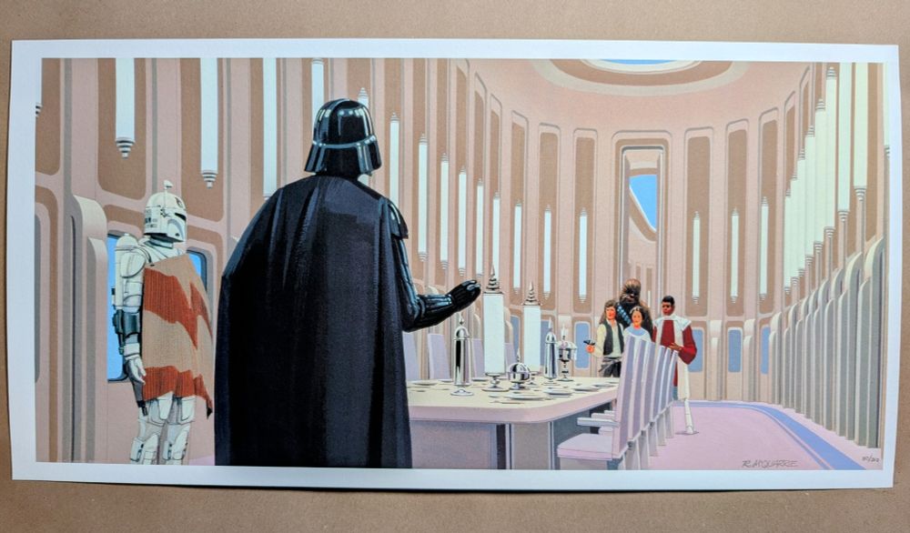 Concept art by Ralph McQuarrie from Star Wars The Empire Strikes Back, entitled : "Surprise in Cloud City" featuring concept all white armored Boba Fett, Darth Vader, Han Solo, Princess Leia, Chewbacca, and Lando.