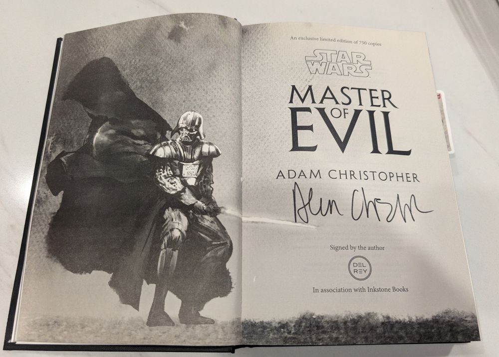 Black and white pages of the Star Wars novel Master of Evil by Adam Christopher featuring Darth Vader. 