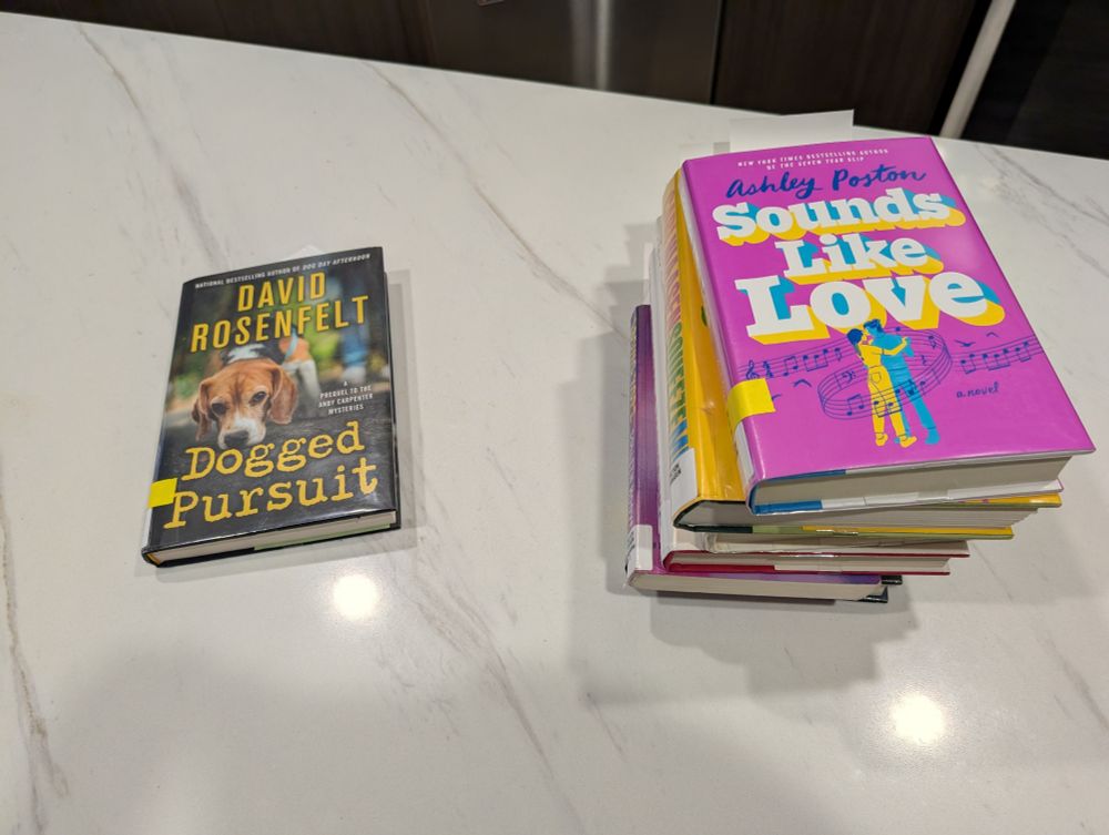 Stack of books on a table. On the left, mine. On the right, not mine. 