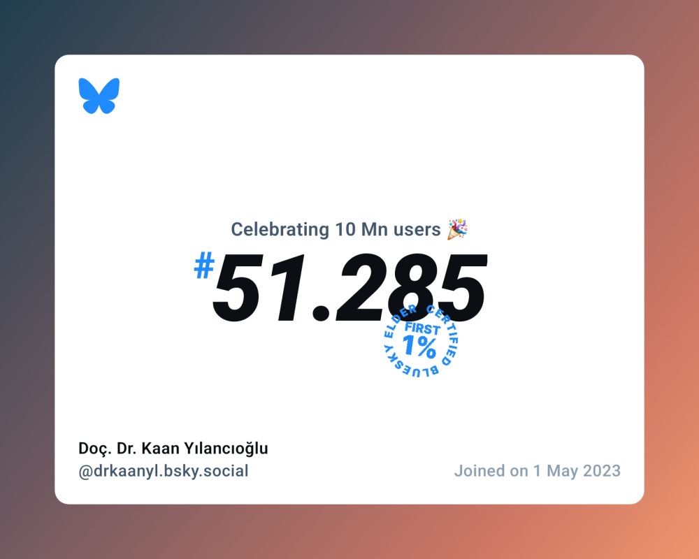 A virtual certificate with text "Celebrating 10M users on Bluesky, #51.285, Doç. Dr. Kaan Yılancıoğlu ‪@drkaanyl.bsky.social‬, joined on 1 May 2023"