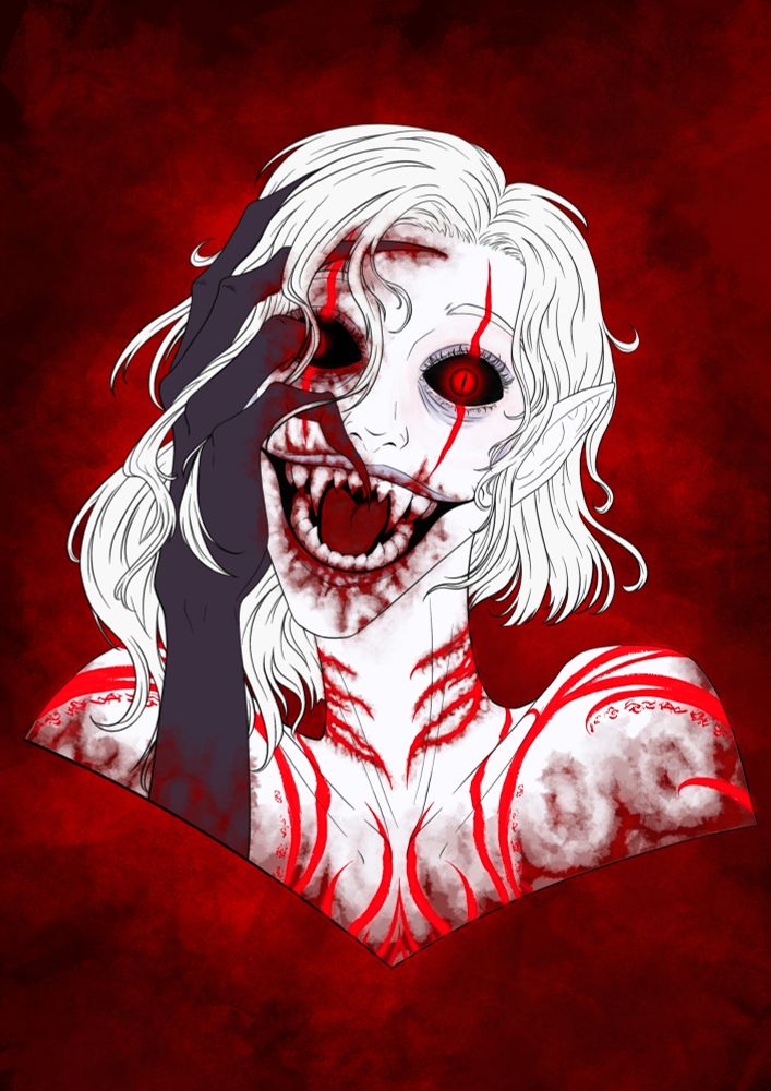 Finished artwork, mostly a lot of red and white. The woman is full of smeared/dried blood. Glowing red lines are all over her body
