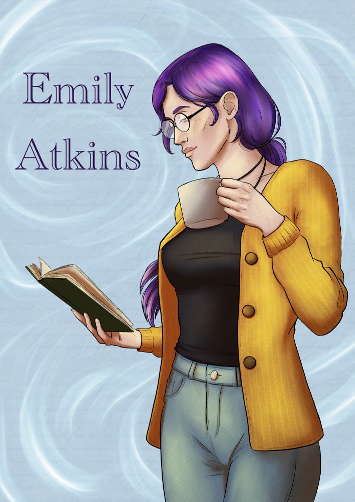 Drawing of a young woman. She has round glasses and is holding a mug in one hand and a book in the other. She has long purple hair in a ponytail and is wearing jeans, a blavk shirt and a yellow/orange cardigan. 