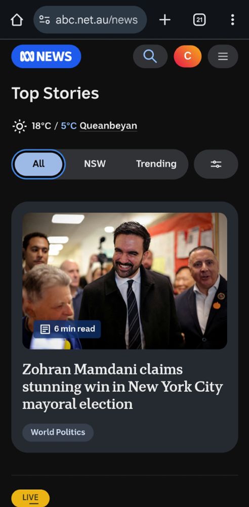 screenshot of abc news website. the top story is a photo of zohran mamdani smiling in a scrum of people who look like journalists. the headline reads zohran mamdani claims stunning win in nyc mayoral election