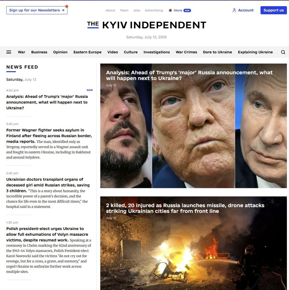 Screenshot of the front page of The Kyiv Independent on Jul 12, 2025.