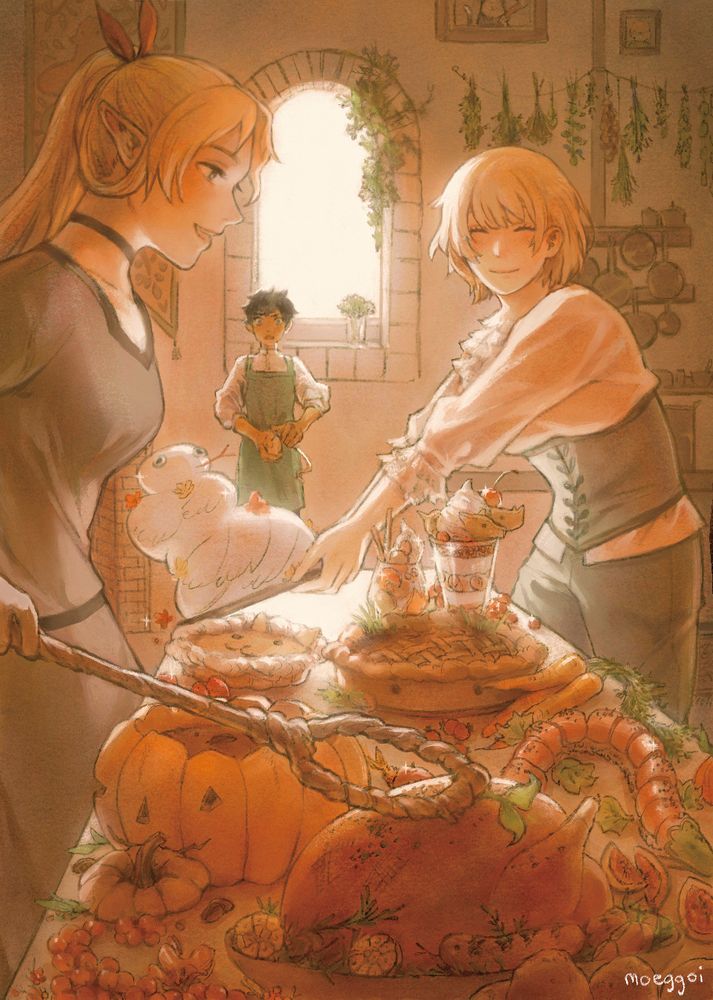 Marcille, Falin, and Kabru cooking a feast of monster shaped foods for Laois 