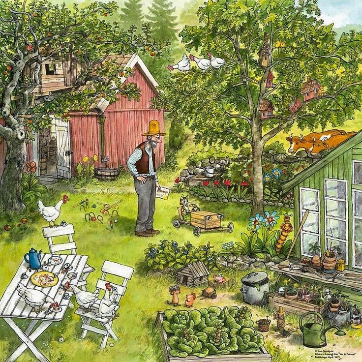 An artwork featuring a man tending to a garden filled with chickens and diverse animals.