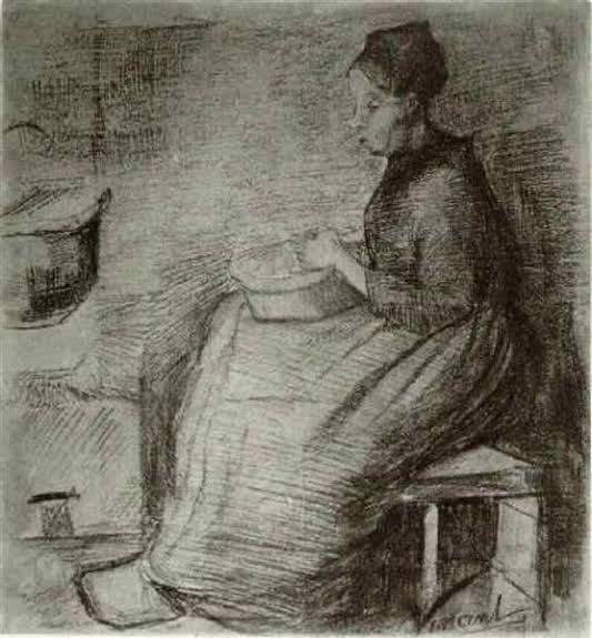 Drawing, woman with a long skirt, basket in her lap, staring straight ahead as she peels potatoes. 
