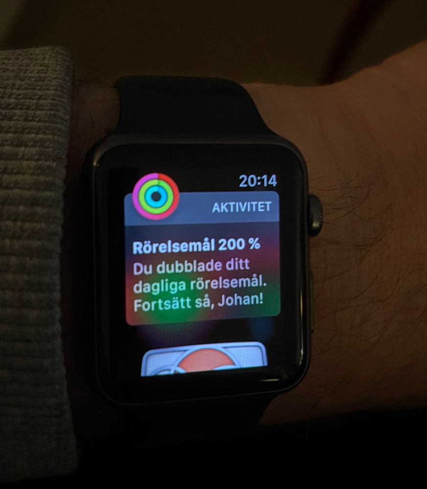 Apple Watch som visar att jag uppnått 200 % av det dagliga rörelsemålet