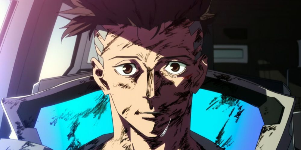 David Martinez from Cyberpunk Edgerunners looking towards the camera with a thousand yard stare