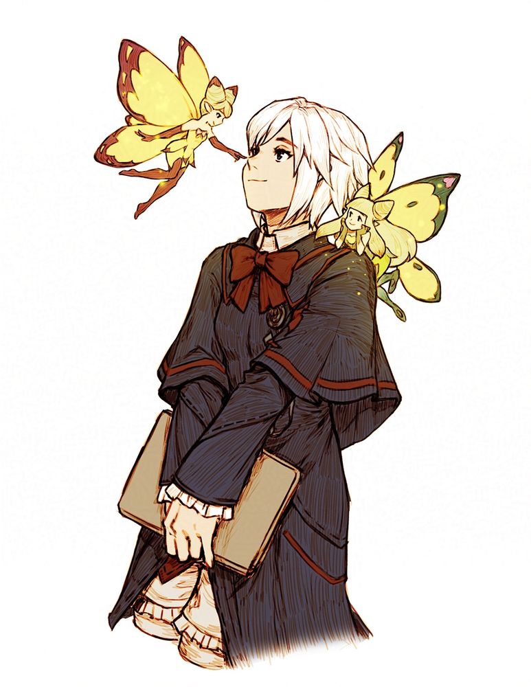 Drawing of my Warrior of Light character from Final Fantasy 14, hanging out with their two faeries.