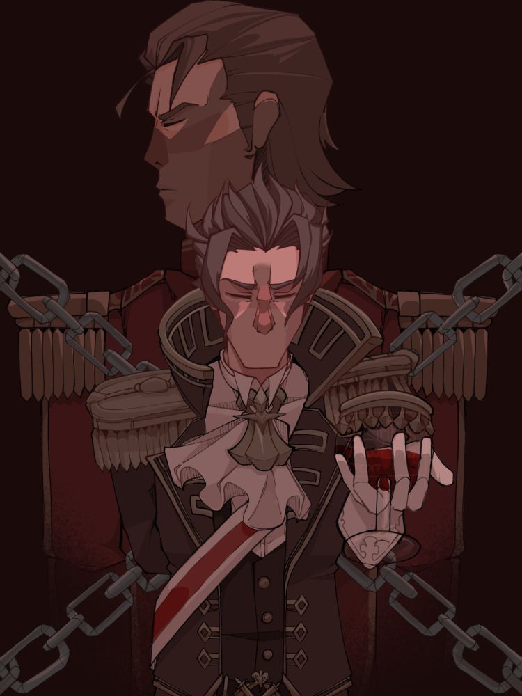 Image ID: Barok van Zieks with a hand before his back, as he, with closed eyes, holds up a chalice half-full of a dark-red liquid. On the background is Klint, looking to the side in disappointment as chains separate the two.