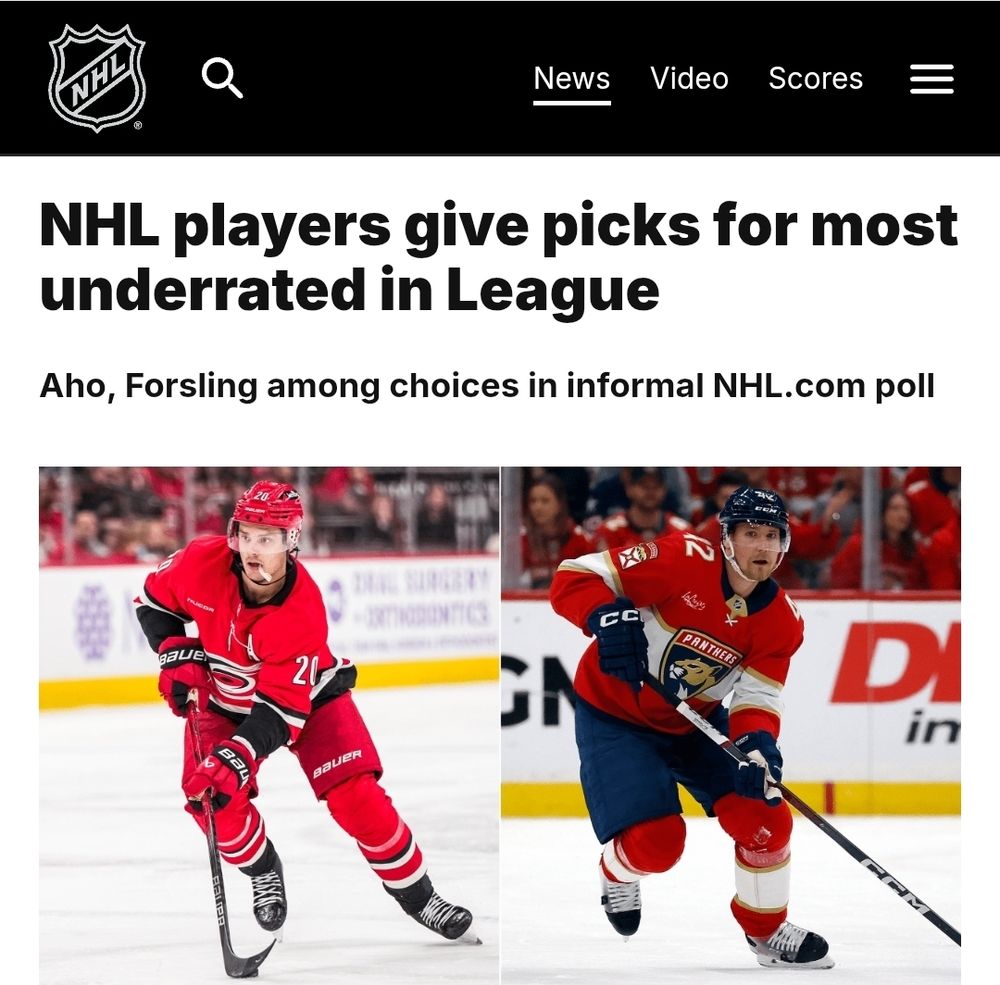 NHL players give picks for most underrated in League
Aho, Forsling among choices in informal NHL.com poll