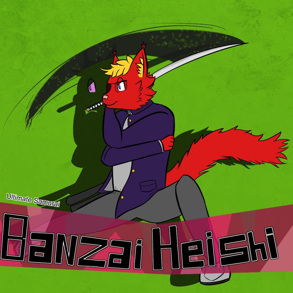 This is a drawing made by my friend Reid as part of a series he did. In this drawing, Banzai is seen in a crouched pose swinging a katana. His expression is focused and serious. He wears a blue coat, white shirt, and grey pants as well as white shoes. He cats a shadow with a purple eye visible. The words "Ultimate Samurai" are shown in smaller text above the larger banner reading his name, "Banzai Heishi".