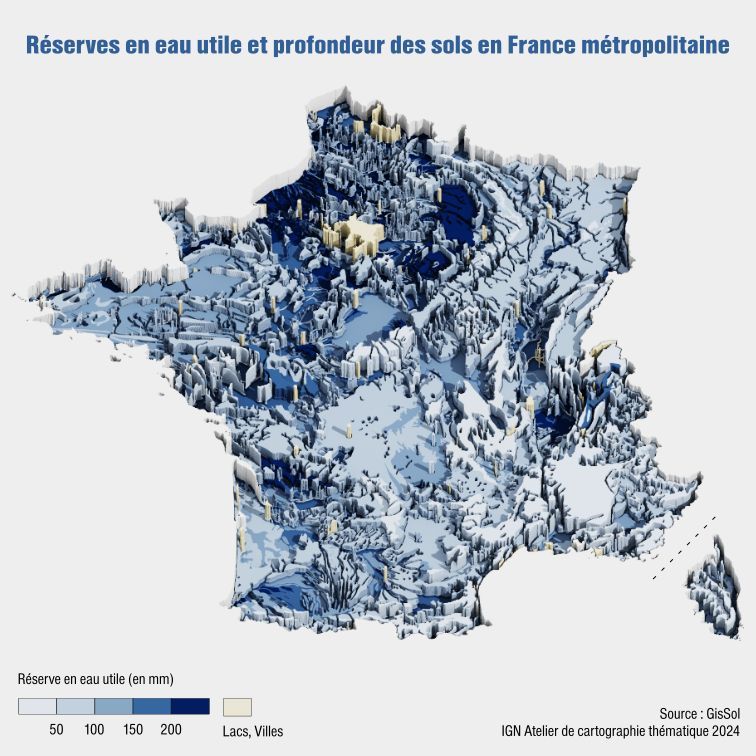 Carte de France qui représente les réserves en eau utile et profondeur des sols en France Hexagonale et Corse