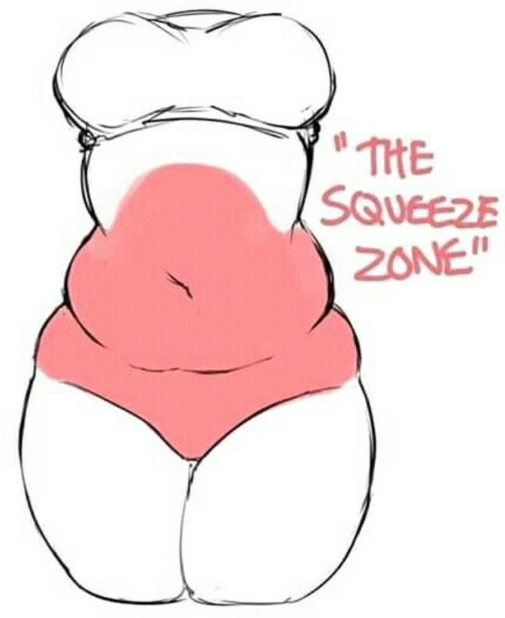 a drawing of a torso with the tummy highlighted in red. text in Red on the side says "the squeeze zone"