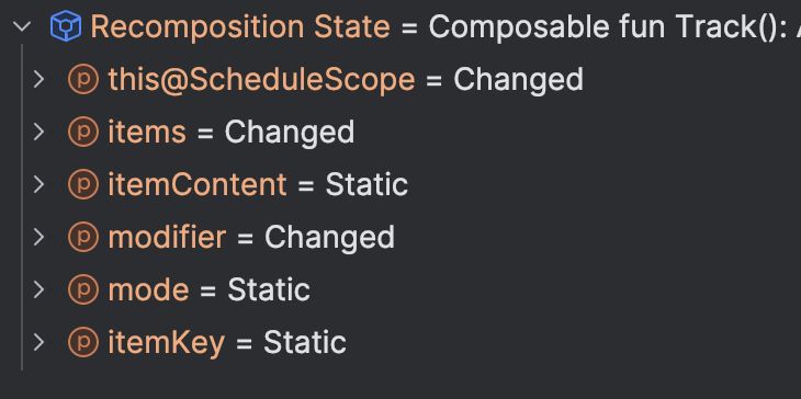 Screenshot of the Android Studio debug panel showing a section titled "Recomposition State" with various in-scope values having differing state describing whether they have been "Changed" or are "Static".