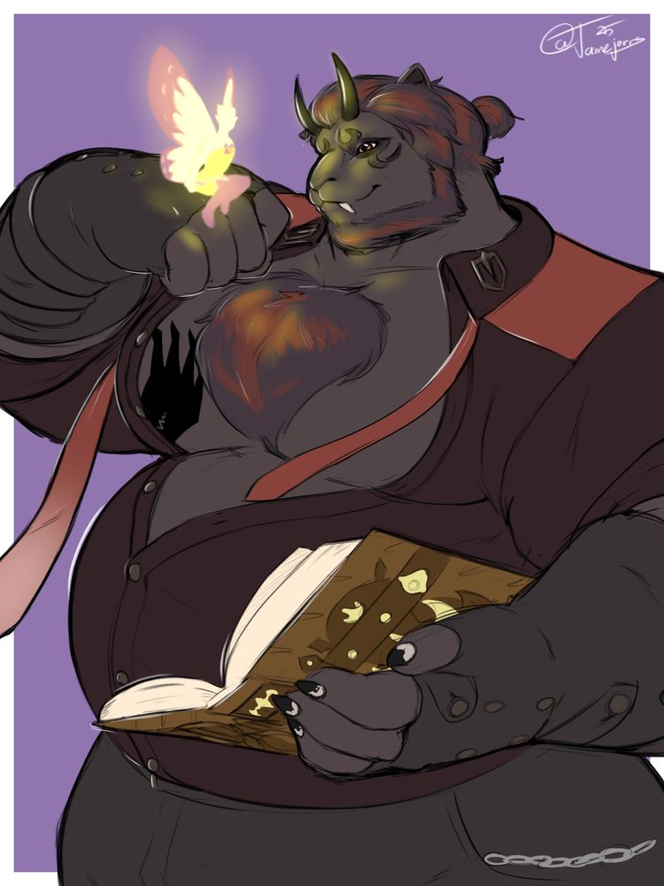 Hrothgar reading a book with his fairy companion.