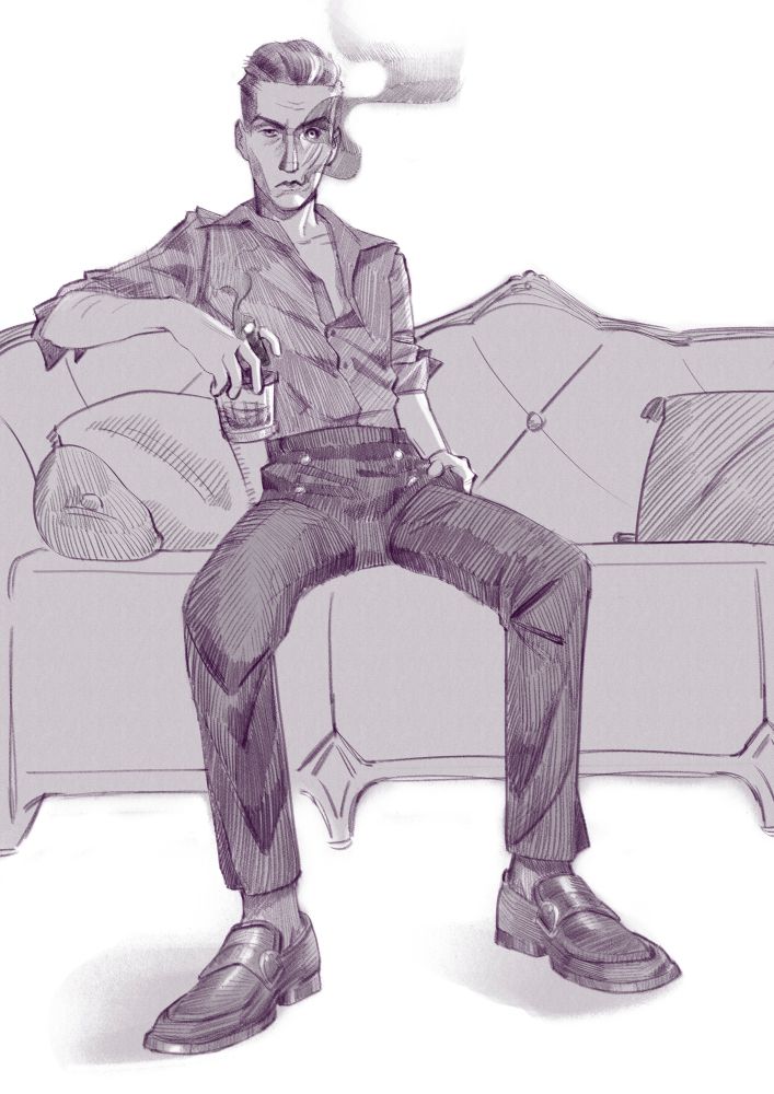 A digital sketch of Silco from Arcane in his office smoking a cigar.