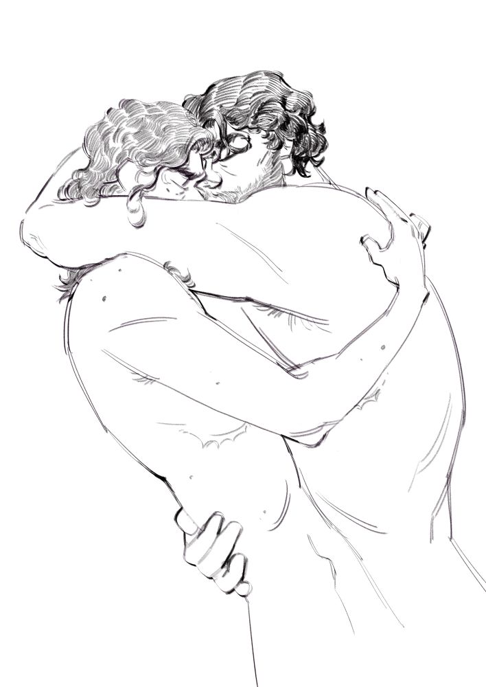 A digital black and white sketch of Jayce and Viktor from Arcane hugging.