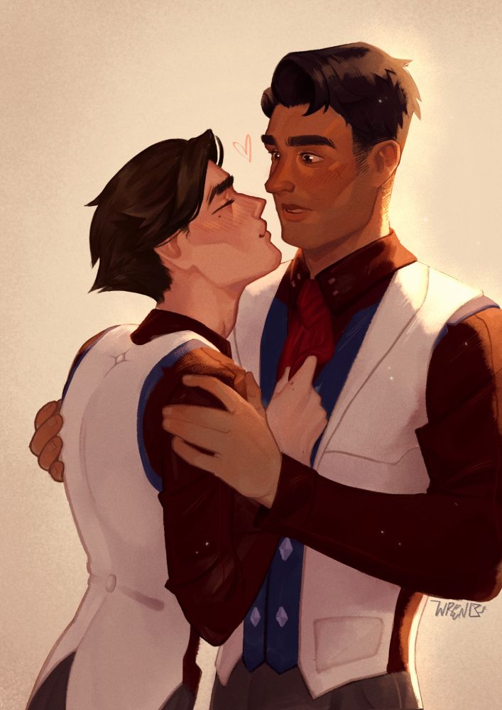 Digital artwork of Jayce and Viktor from Arcane leaning in for a kiss :)