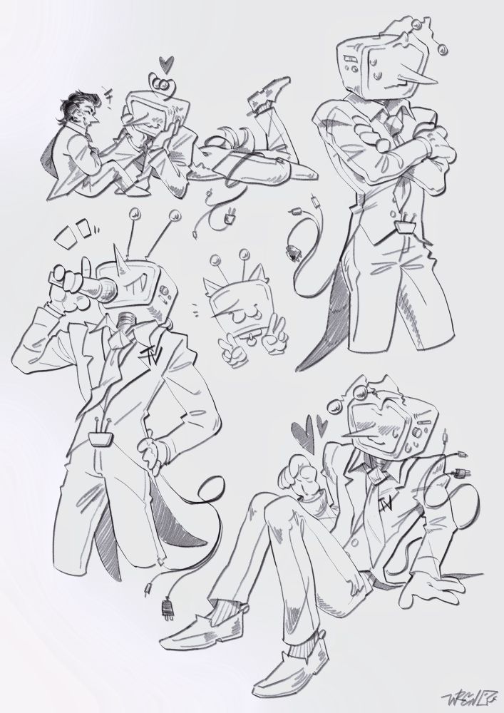 A page of digital sketches of Deltarune’s character Tenna