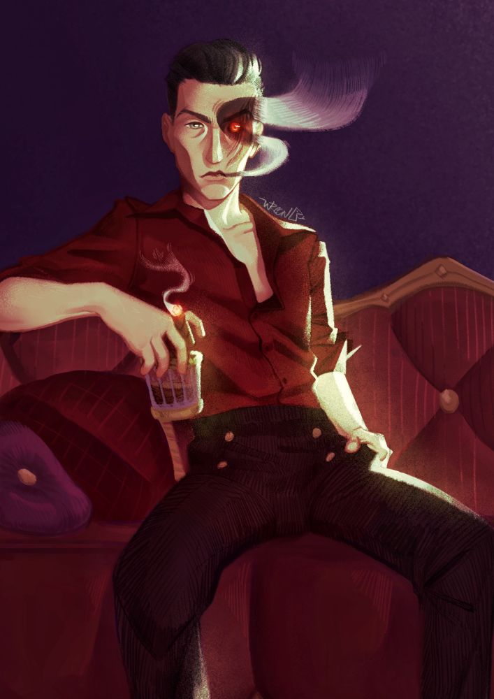 Digital painting of Silco from Arcane sitting on his couch and smoking a cigar.
