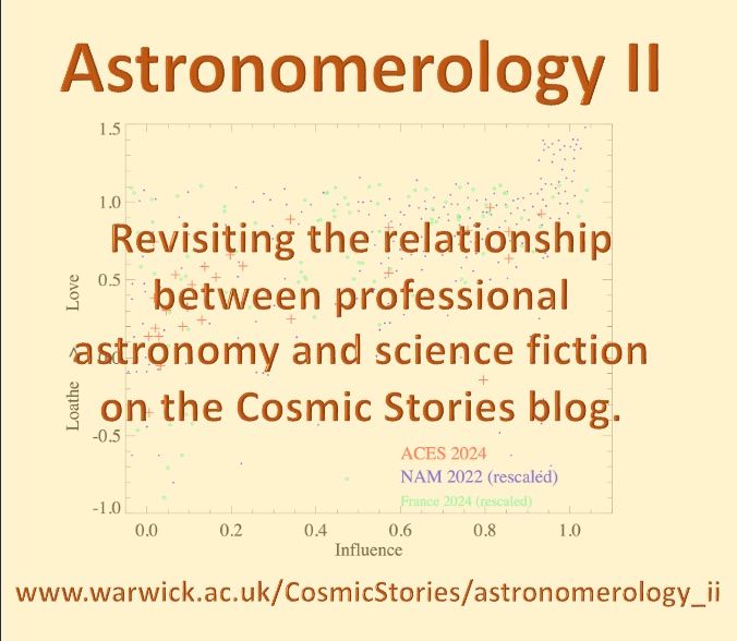 Slide with text:
Astronomerology II
Revisiting the relationship between professional astronomy and science fiction on the Cosmic Stories blog
www.warwick.ac.uk/cosmicstories/astronomerology_ii