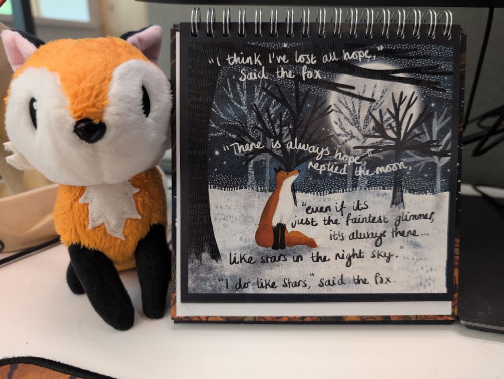 A print of a message that reads: 
"I think I've lost all hope" said the fox.
"There is always hope" replied the moon, " even if it's just the faintest glimmer, it's always there... like stars in the night sky"
"I do like stars" said the fox.
The print has a red fox looking up to the moon in a snowy setting
