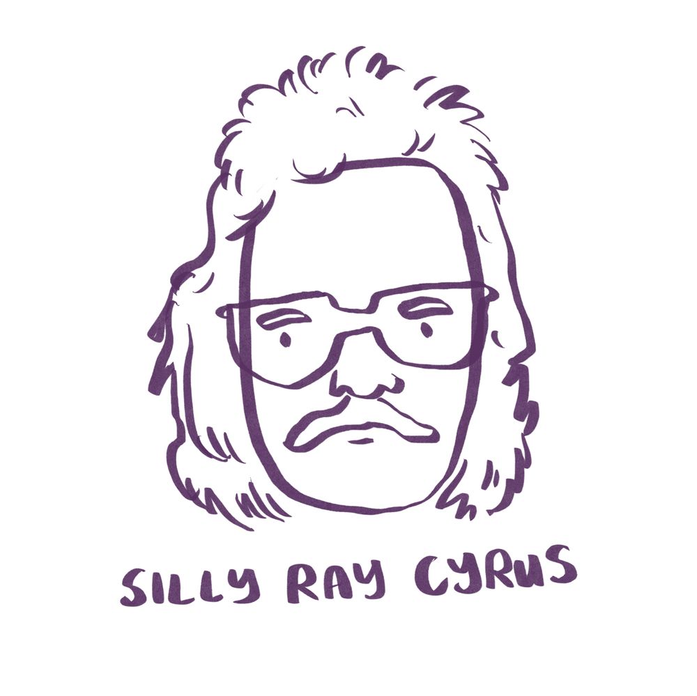 A digital like drawing of John Green in character as “Silly Ray Cyrus”, a character from the P4A 2025 which is John wearing a mullet wig. It is a simple purple line drawing against a white background with the words “silly ray Cyrus” written below