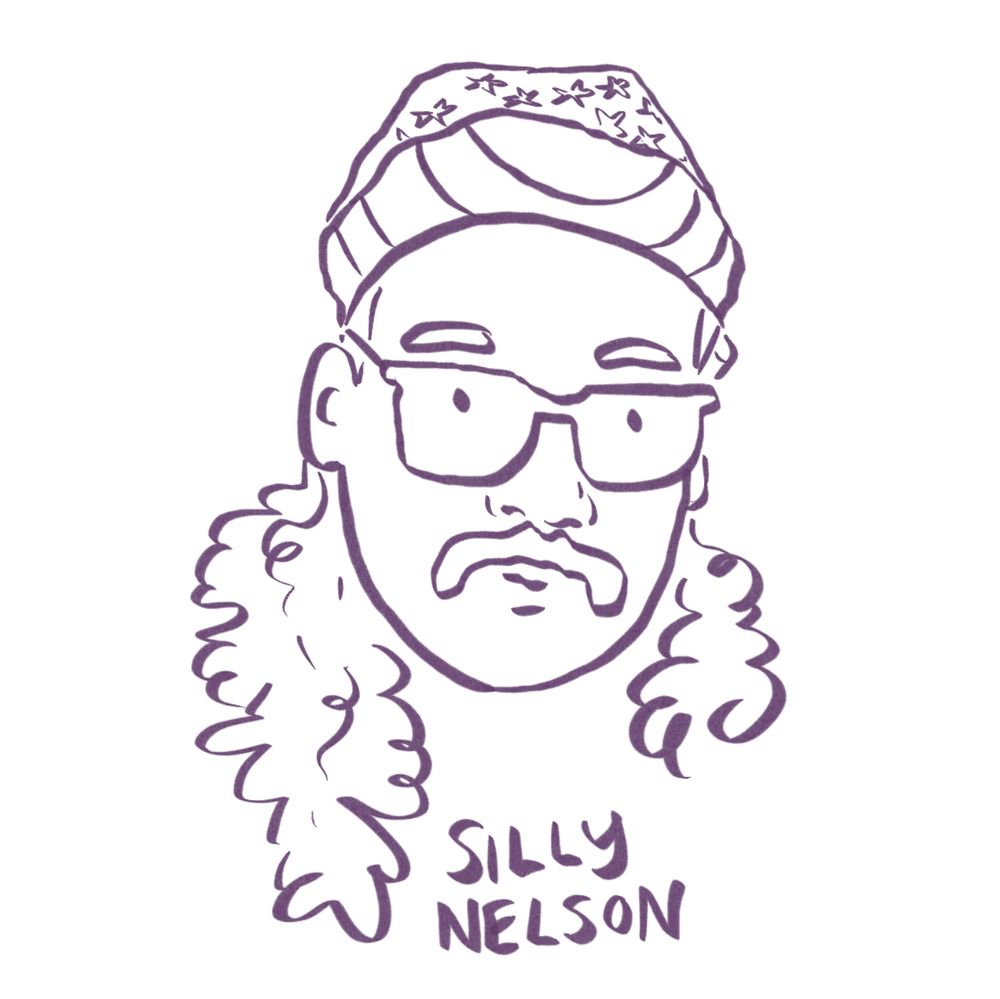 A digital line drawing of John Green as “silly Nelson”, a character from the P4A 2025.  John is wearing a wig that has long curly hair and an American flag bandana wrapped around his head. The drawing is in purple against a white background and is labelled with the name “silly Nelson”. 