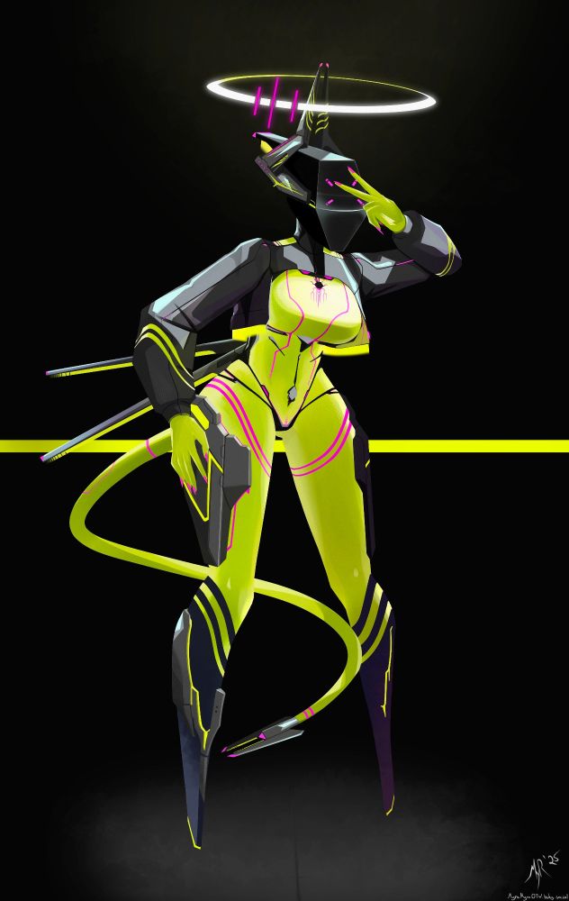 A neon android woman with demonic features 