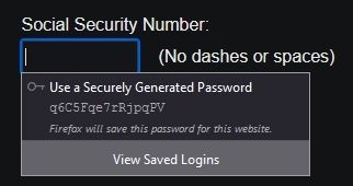 Screenshot of a social security number entry form on a website, for which Firefox is automatically suggesting a randomly generated password.