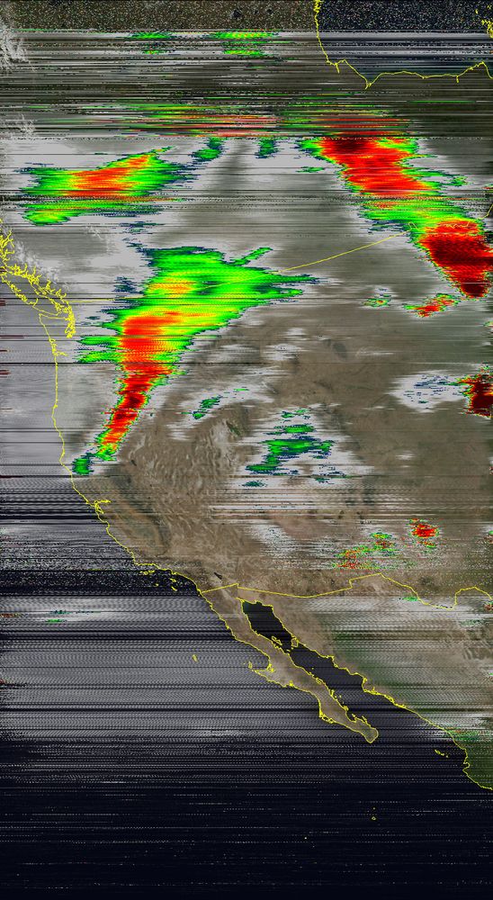 A satellite image of the western half of North America, with superimposed colours showing rainfall and map boundary lines.