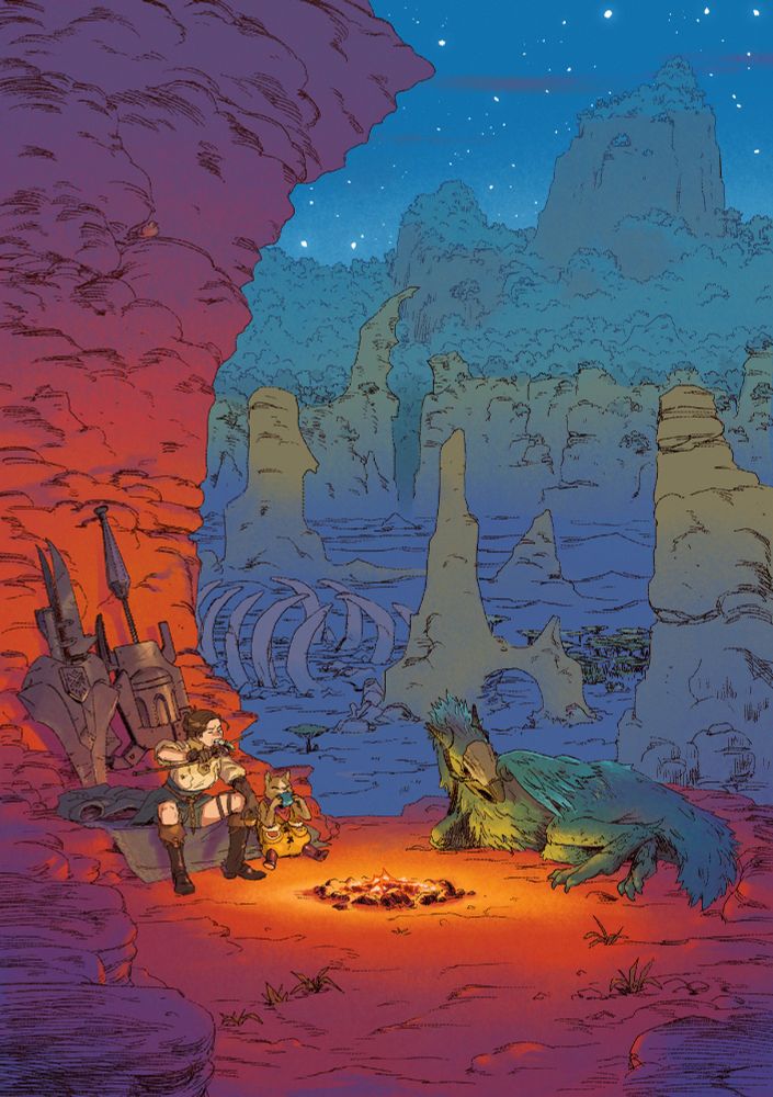 hunter eating baked mushrooms by the fire with her palico and seikret on a starry night in the desert.