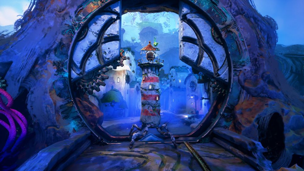 A screenshot from the game Keeper, a walking lighthouse with a bird perched on top stand in a circular doorway, they are looking away into some sort of settlement.