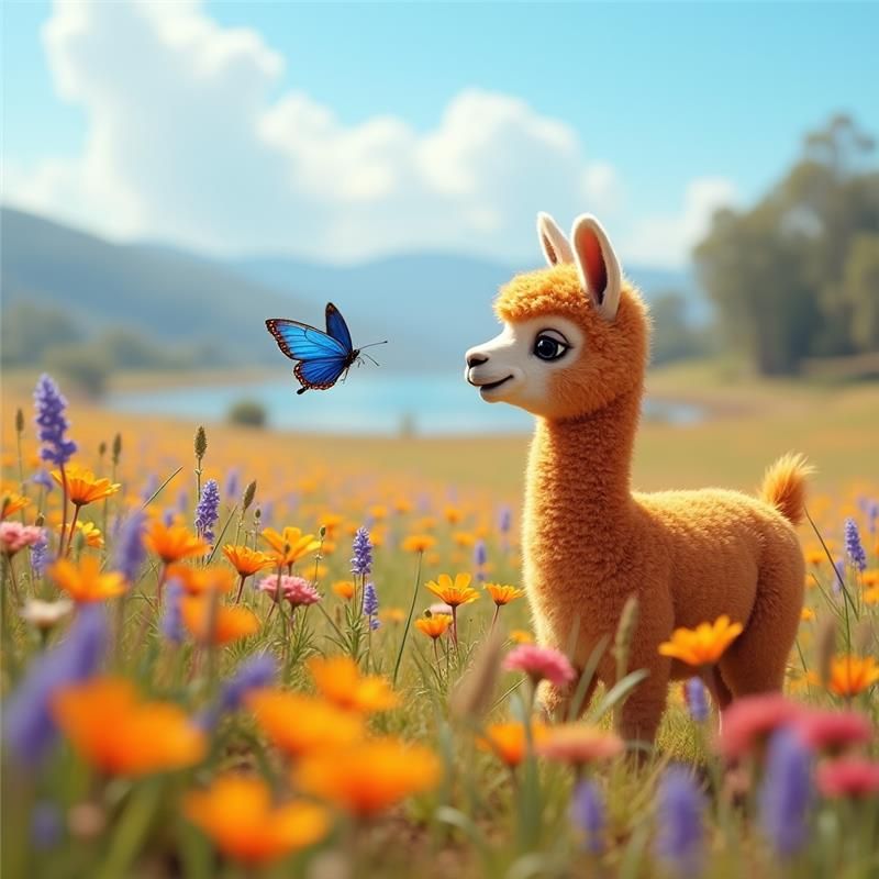 A cute orange llama named Tina is standing in a field of Australian native wildflowers, watching a blue butterfly fly around.