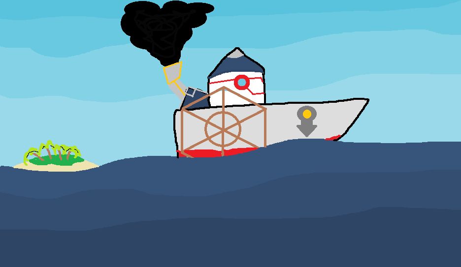 MSPaint, mouse-drawn art of Linebeck's ship from The Legend of Zelda: Phantom Hourglass upon a sea at a clear day with a nonspecific lush island in the distance.