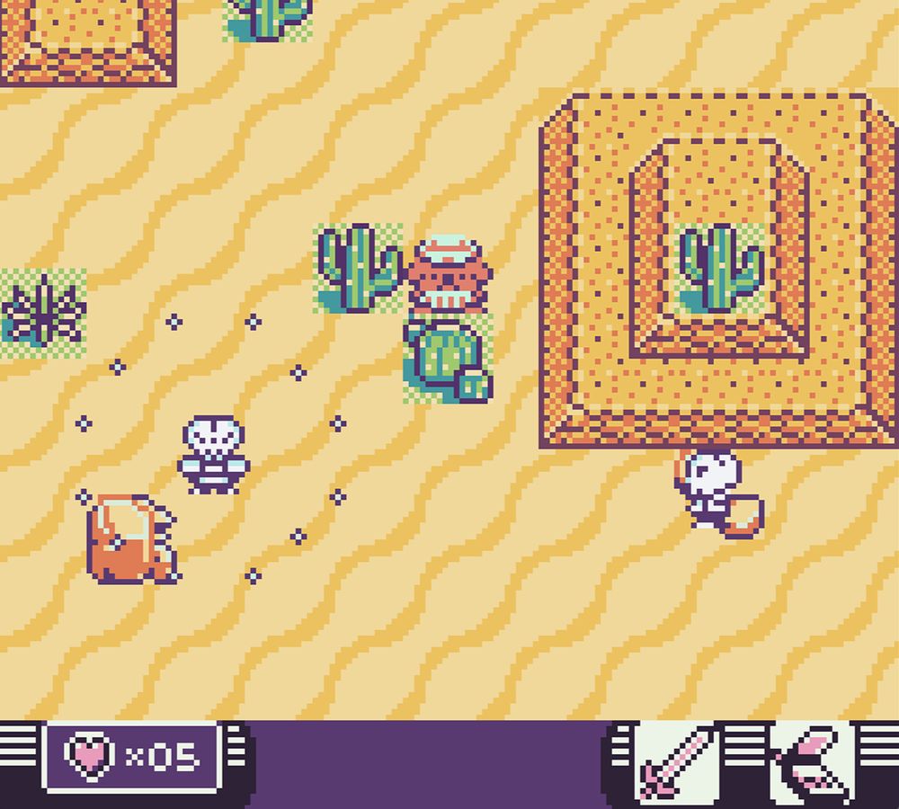 Captura de tela do jogo 8-bit em pixel art "Toni Island Adventure" mostrando Toni, um cachorro laranja marinheiro, enfrentando dois esqueletos inimigos em uma ambientação desértica com muita areia e cactos.