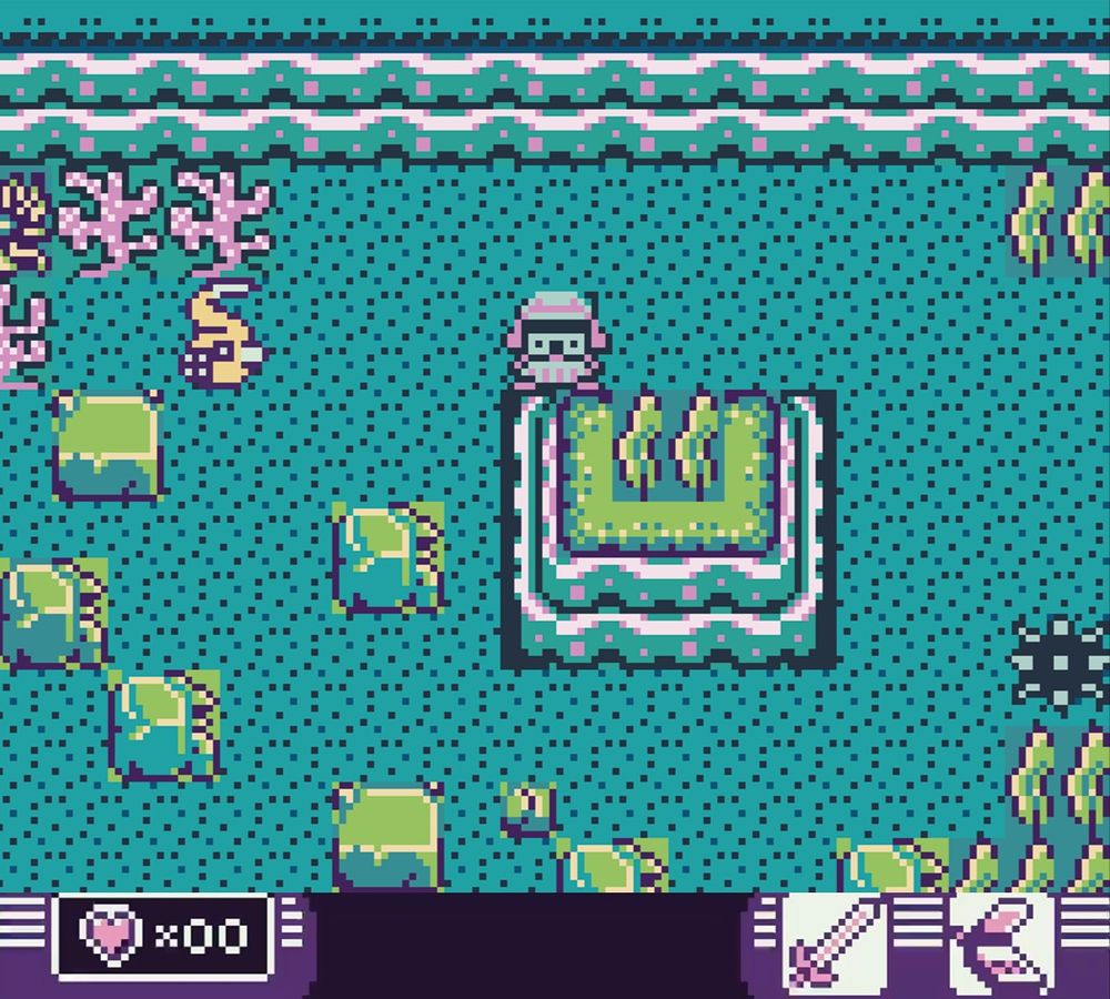 Captura de tela do jogo 8-bit em pixel art "Toni Island Adventure" mostrando Toni, um cachorro laranja marinheiro, numa ambientação submarina repleta de algas marinhas, corais e rochas. Há também uma enguia e um ouriço-do-mar.