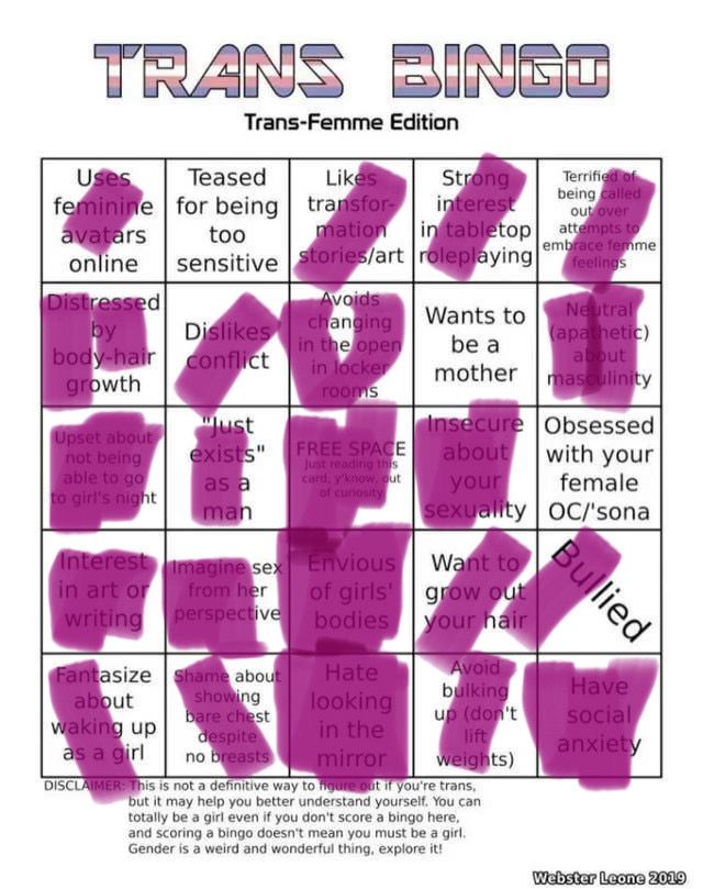 Trans bingo card with three squares not filled in.