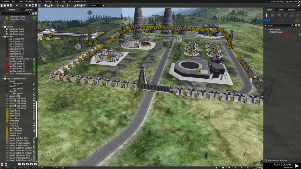 Side view of an Arma 3 base using the CnC Tib Sun mod. Features walls, several buildings, and a bridge to the top left going over a gouge  