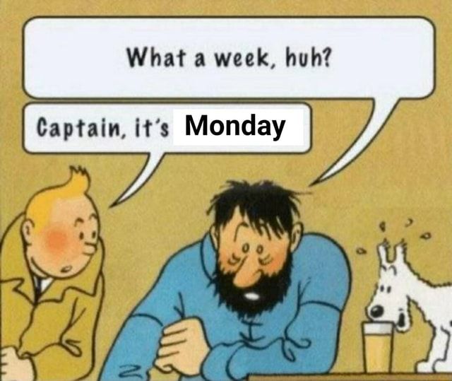 Famosa tirinha em que um personagem com aspecto cansado comenta "what a week, huh?" e o outro personagem responde "captain, it's monday"