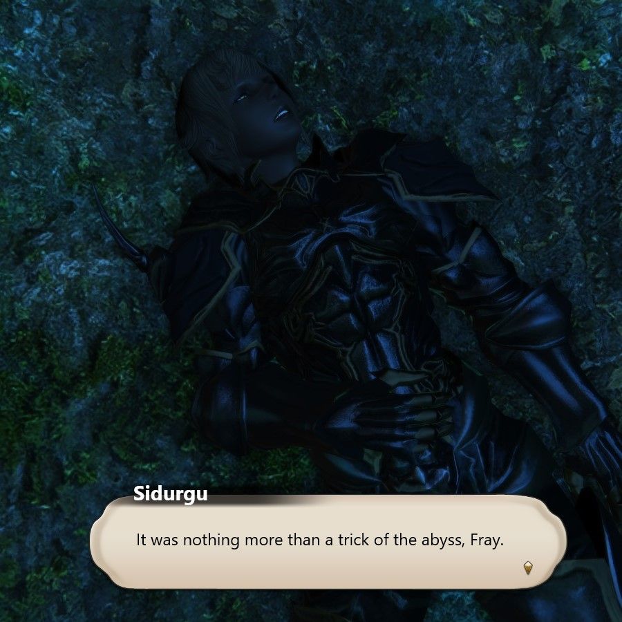 Odin, now wearing Fray's face lays dead (presumably) on the ground. His eyes are slightly open and staring vacantly off screen. Sidurgu tries not to think about how he now knows what it might look like for Fray to die at his hands.
Sidurgu: It was nothing more than a trick of the abyss, Fray.