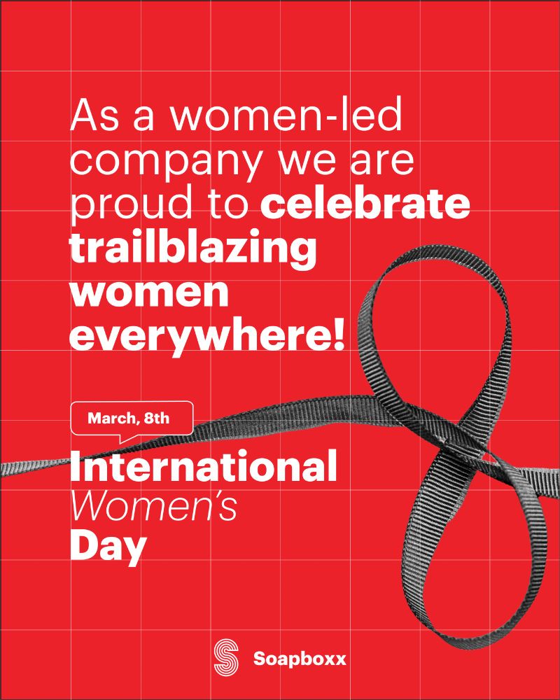 Red graphic with text celebrating international women's day