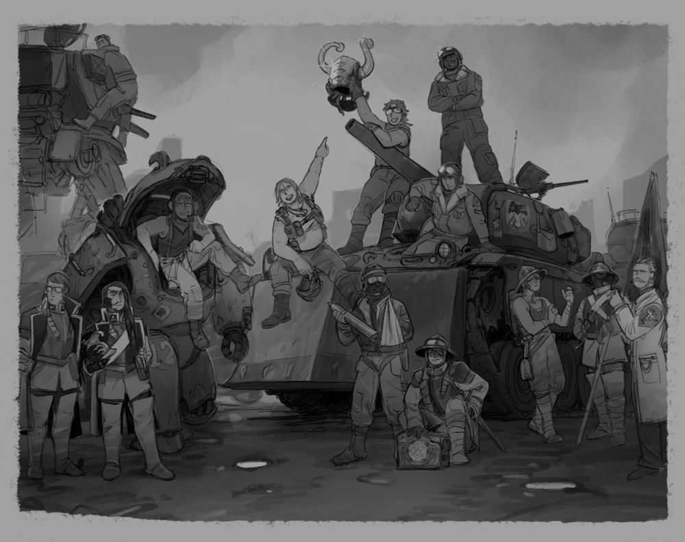 A hand drawn fake photograph of several people standing around a tank and small mech suit