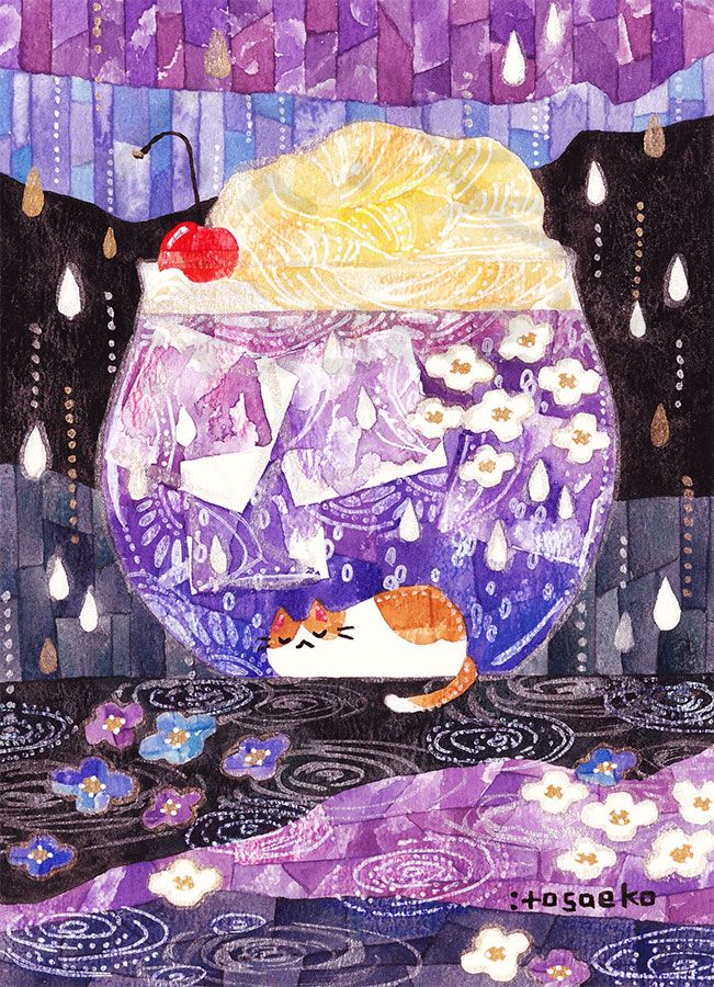 クリームソーダと紫陽花とネコ
