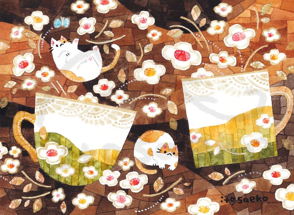 「２つのカップと花とネコたち」
