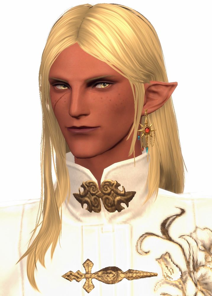 Screenshot of Elven / Elezen man with brown/tan skin with straight long blonde hair wearing a turtleneck robe with brass details, also wearing a sun-looking earring