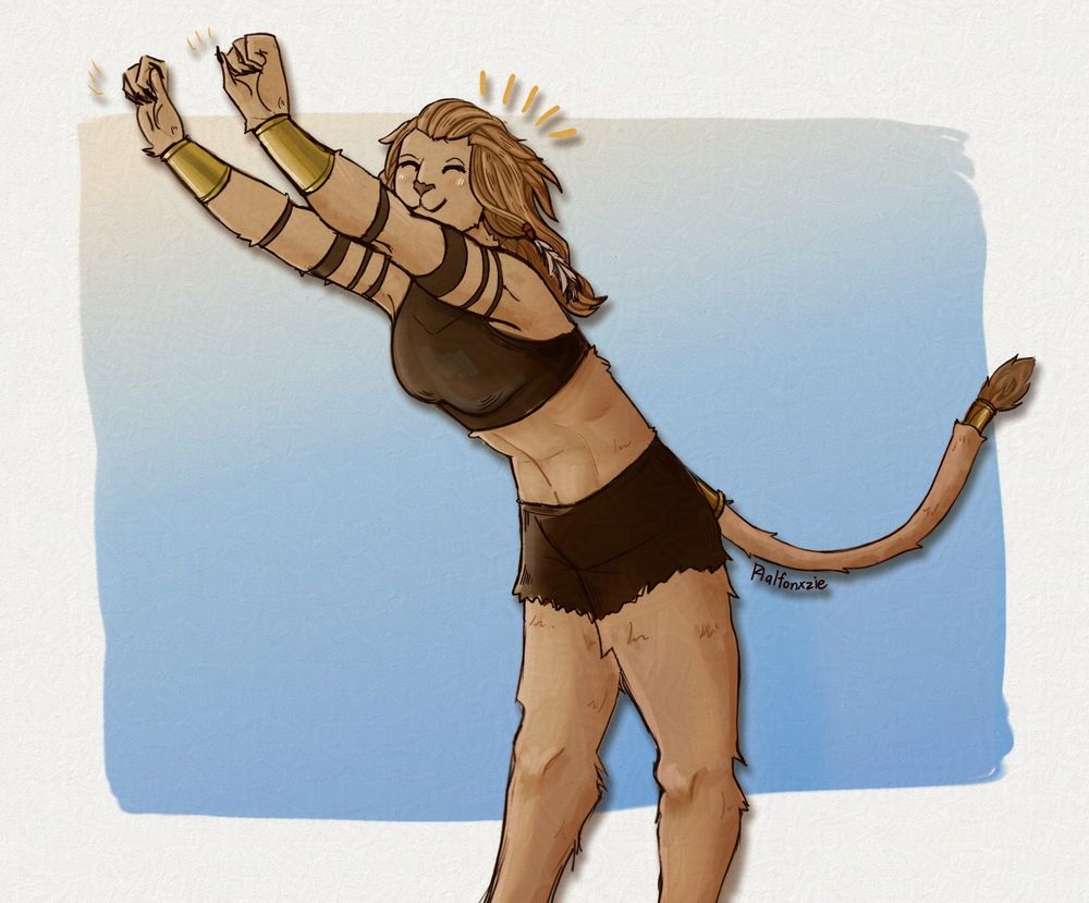 character illustration of a lioness / Hrothgar named Wuk Lamat from FFXIV , dressed in her underclothes and happily doing a big stretch against a yellow to blue gradient