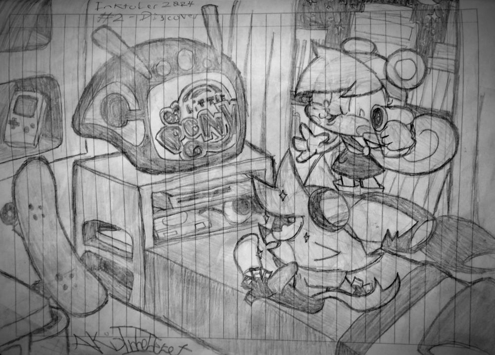 24 days (originally did it 11 ones after but didn't posted for reasons), I know. I'm glad it was that and not more. I'm glad I even DID it I think I'm not stating which many days I'm late after tis one. I've been busy with another ART project right now that I have given the priority that it doesn't deserve, but I don't regret it. It's just that I should have been focused on this instead.



Mitzi discovers Murphy watching MLP. If you watch the "show" (M&M, not MLP) you must know that while to anyone it may appear Mitzi's reaction to this is "my friend it's watching girl cartoon lol" (which is already while cliche, funny on it's own to me), it's actually more of a "hey I like that too! I didn't knew he liked it!" so she's recording because she thinks it's a cool and important moment or smth I dunno.



Not so proud, it was funnier on my head. The BG is way too similar to how AJ actually does Murphy's room but that's not necessarily good, it feels like I'm tecnically tracing instead of actually making my own drawing on that part. I tried to push Mitzi's expression and even Murphy's so they look funny but the whole composition, "inking" I dunno it kinda ruins it to me. I want to do often drawings with bg/on a setting for this but it kinda goes to my disadvantage on the inking part, so I plan on doing it differently or dropping it, most likely the earlier.



And that's it! I hope I do the rest, even if not necessarily catching up. Again, I don't wanna point out how late I was on every single one because I think that would just be annoying to everyone and redundant.